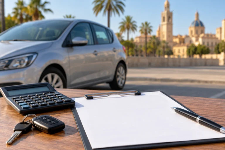 Blank contract, calculator and keys in front of a used car