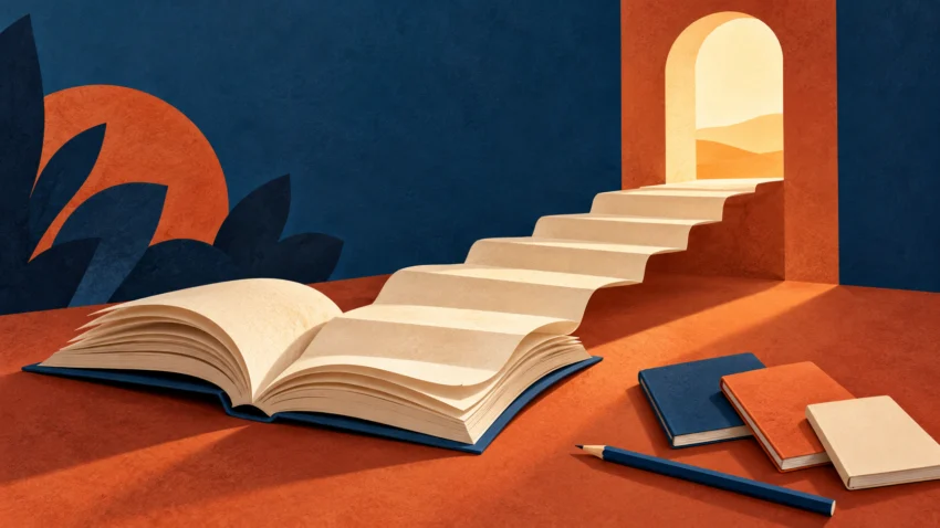 Llibre obert convertit en escala cap a una porta lluminosa, al costat de quaderns i un llapis