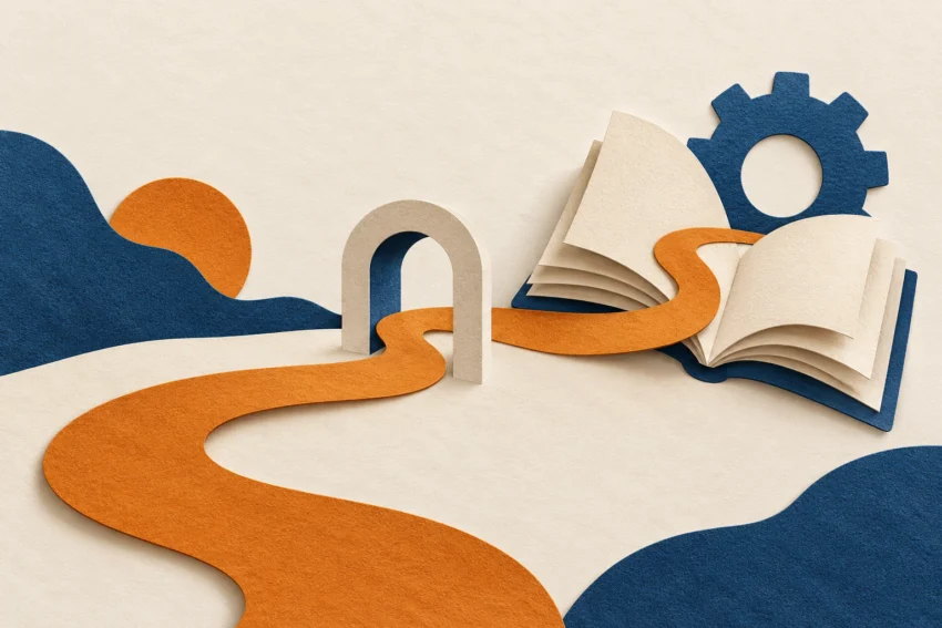 Il·lustració conceptual d’una cinta que travessa un arc cap a un llibre i un engranatge.