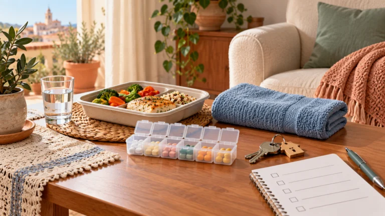 Food, medication, towels and keys symbolising home help in Castelló
