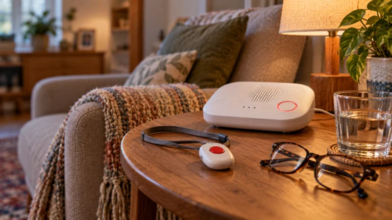 Telecare pendant and home base beside glasses and water
