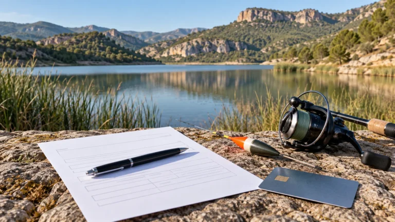Application form and fishing equipment beside a Mediterranean reservoir
