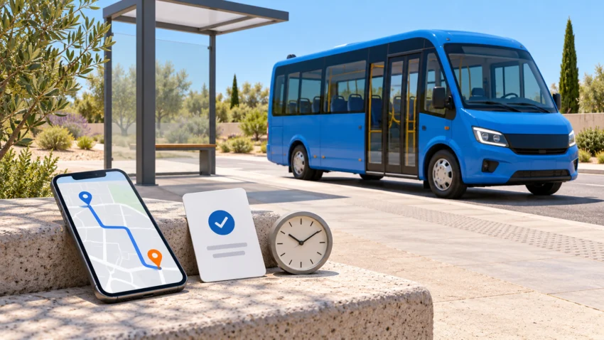 Blue minibus, route phone, confirmation and clock symbolising Castelló Skybus