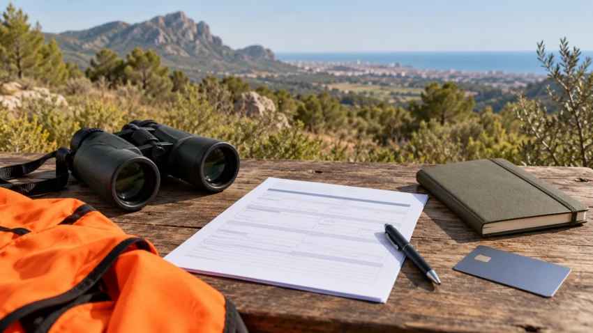 Editorial illustration of an application, binoculars and notebook overlooking Mediterranean woodland