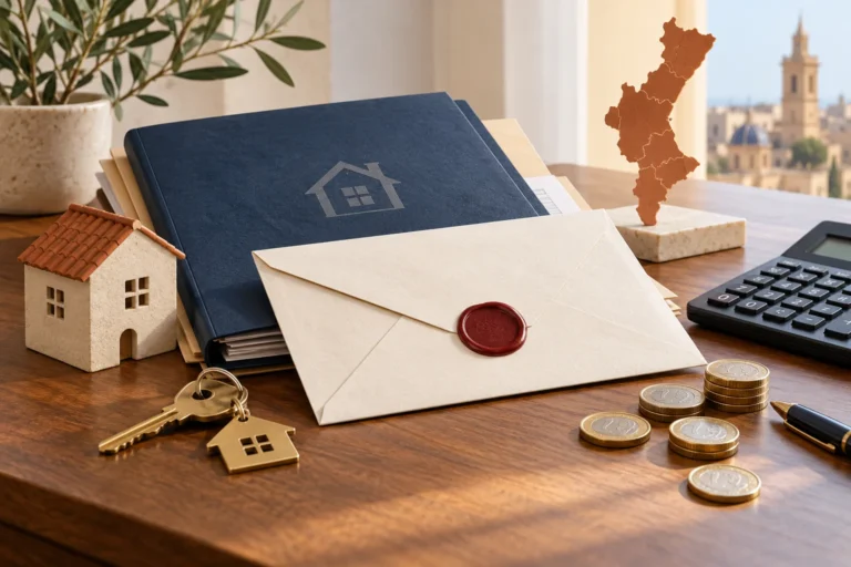 Editorial illustration of estate documents, a house, key, coins and calculator