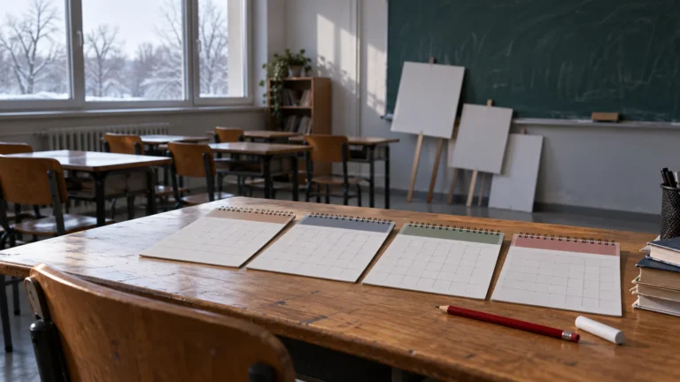Imatge conceptual d’una aula buida amb calendaris, llapis roig i cartells en blanc