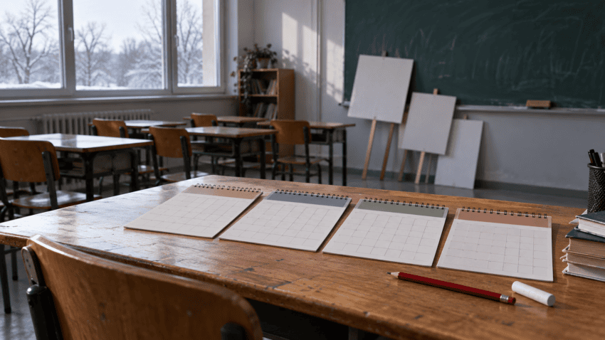 Imatge conceptual d’una aula buida amb calendaris, llapis roig i cartells en blanc