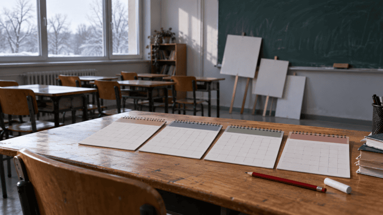 Imagen conceptual de un aula vacía con calendarios, lápiz rojo y carteles en blanco