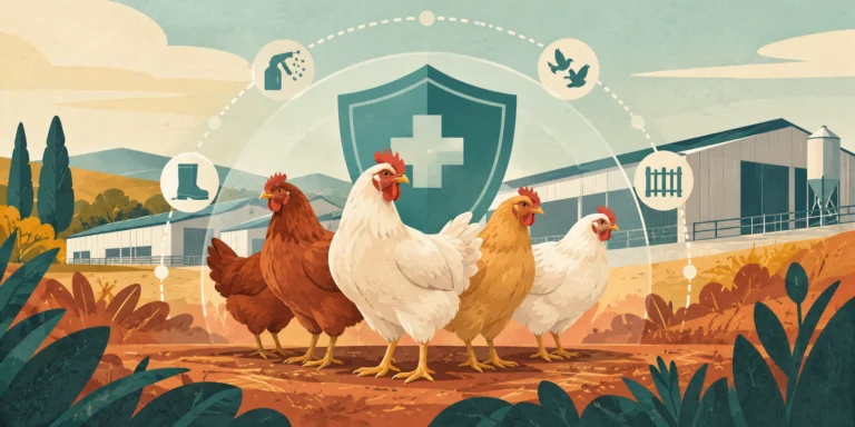 Editorial illustration about vaccination and biosecurity on a poultry farm
