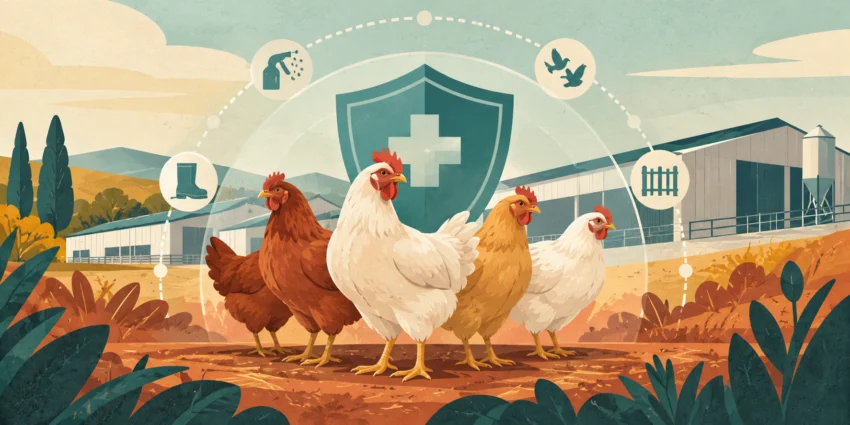 Editorial illustration about vaccination and biosecurity on a poultry farm