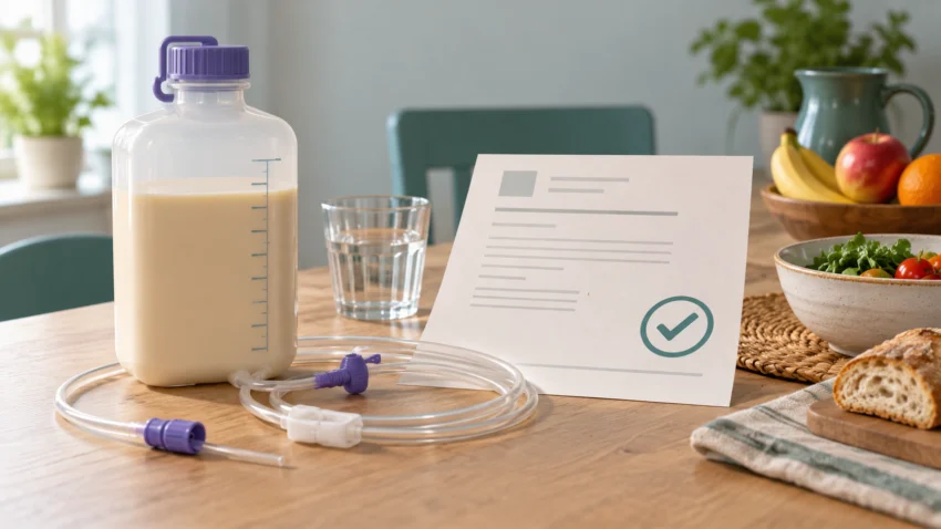 Ilustración conceptual de nutrición enteral, equipo genérico, receta neutra y autorización