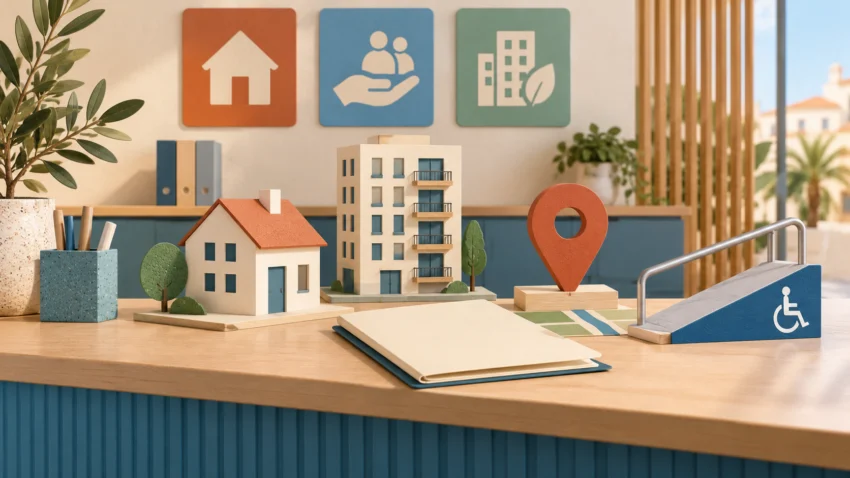 Taulell conceptual d’habitatge amb maquetes d’una casa i un edifici, carpeta, mapa i rampa