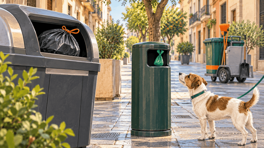 Ilustración editorial sobre la correcta eliminación de residuos en una calle mediterránea