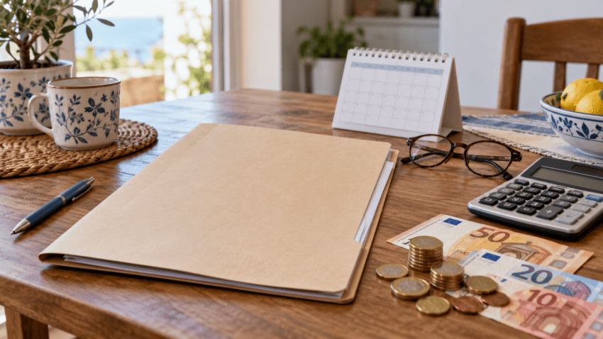 Imagen conceptual de una carpeta sin datos, calendario, calculadora y dinero sobre una mesa