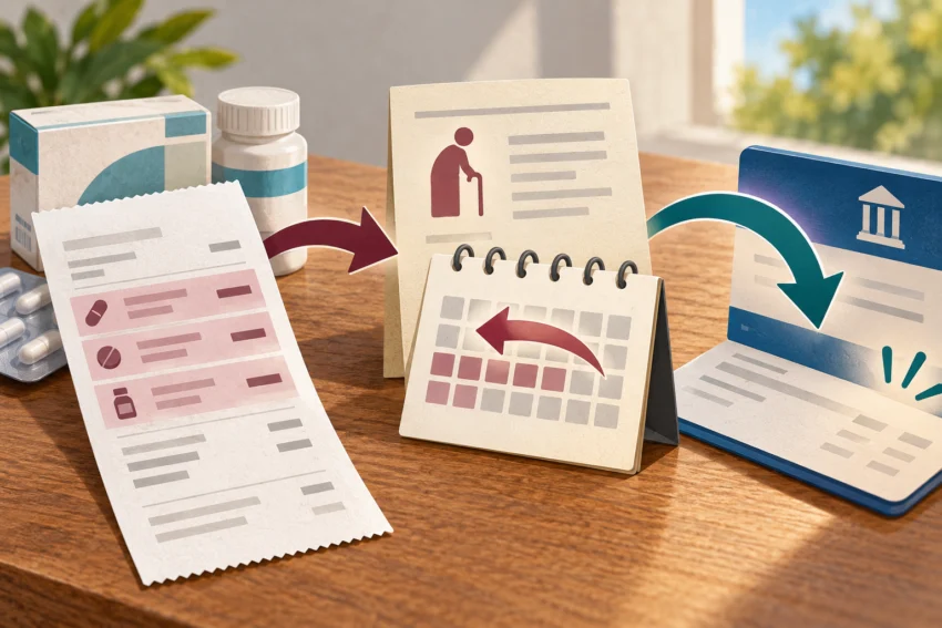 Ilustración conceptual de una factura de farmacia, calendario retroactivo, documento de pensión y devolución bancaria