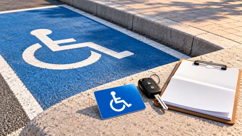 Símbol d’accessibilitat, clau i formulari en una plaça d’aparcament conceptual