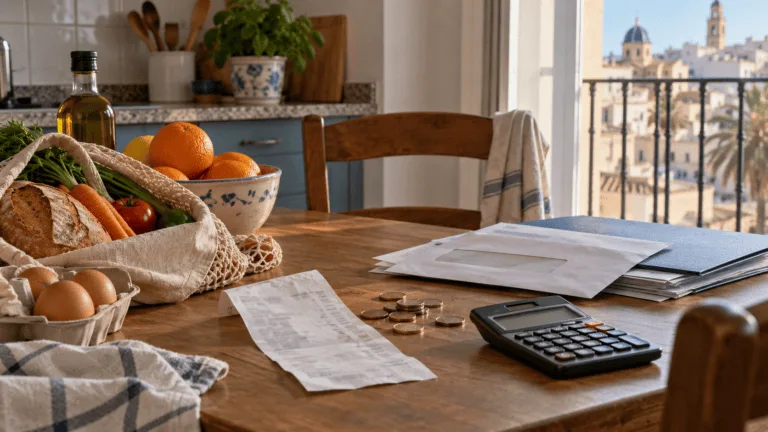 Imagen conceptual de alimentos básicos, recibos sin datos, monedas y una calculadora en una mesa familiar
