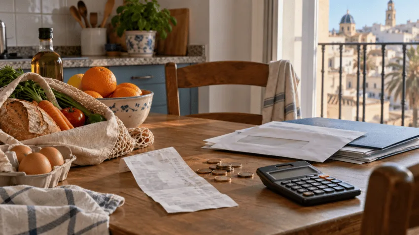 Imagen conceptual de alimentos básicos, recibos sin datos, monedas y una calculadora en una mesa familiar