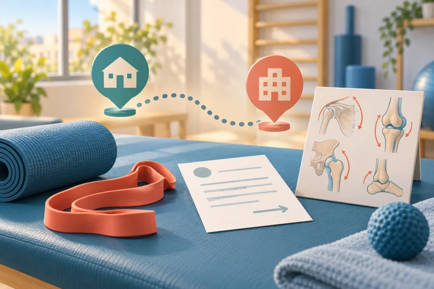 Conceptual illustration with physiotherapy equipment, neutral referral and routes to primary care and hospital