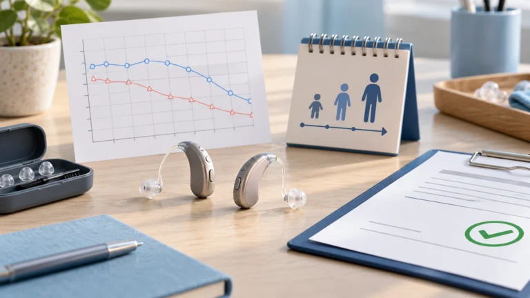 Conceptual illustration of two generic hearing aids, neutral audiogram, age eligibility and authorised prescription