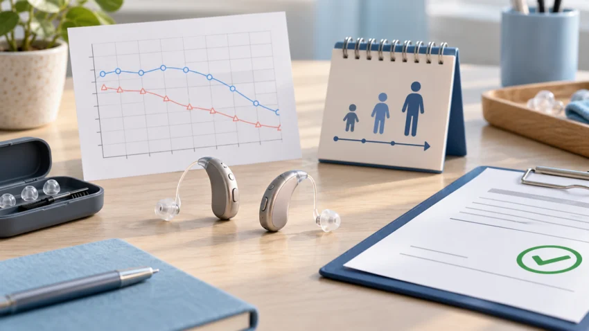 Conceptual illustration of two generic hearing aids, neutral audiogram, age eligibility and authorised prescription