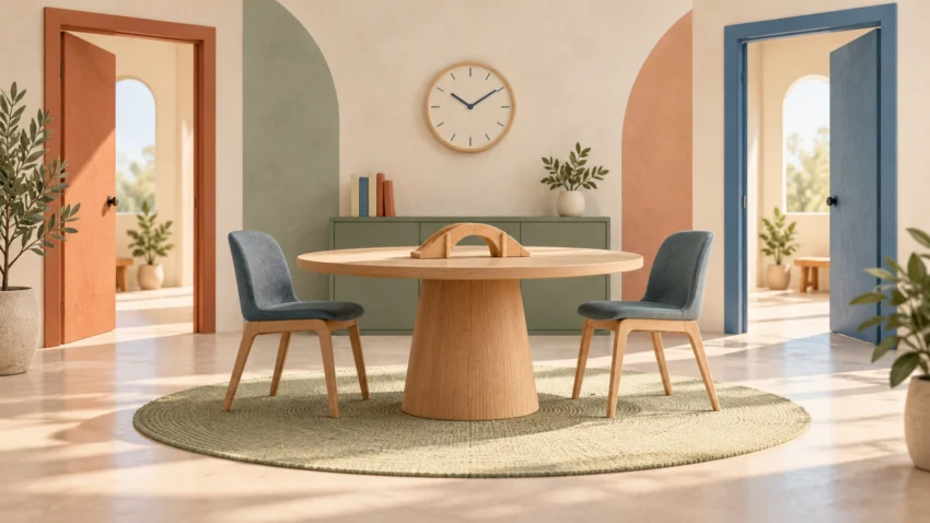 Sala conceptual buida amb dos portes, una taula, dos cadires, un rellotge i un pont menut de fusta