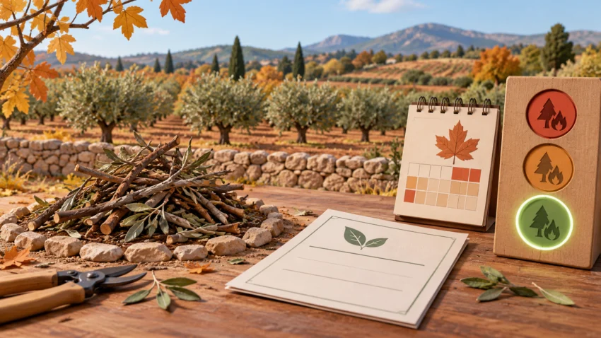 Olivar conceptual con restos de poda, calendario, formulario sin datos y semáforo de riesgo forestal