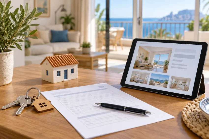 Editorial illustration of keys, a declaration and a generic accommodation screen in a Mediterranean home