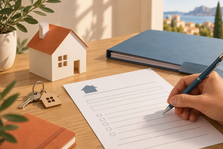 Il·lustració editorial d’una sol·licitud d’habitatge, una casa de paper i una clau
