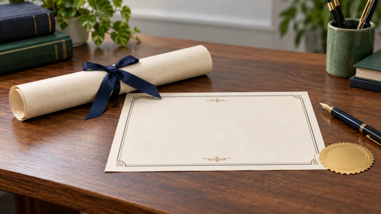 Generic diploma with no real text, blank copy and pen symbolising an academic replacement