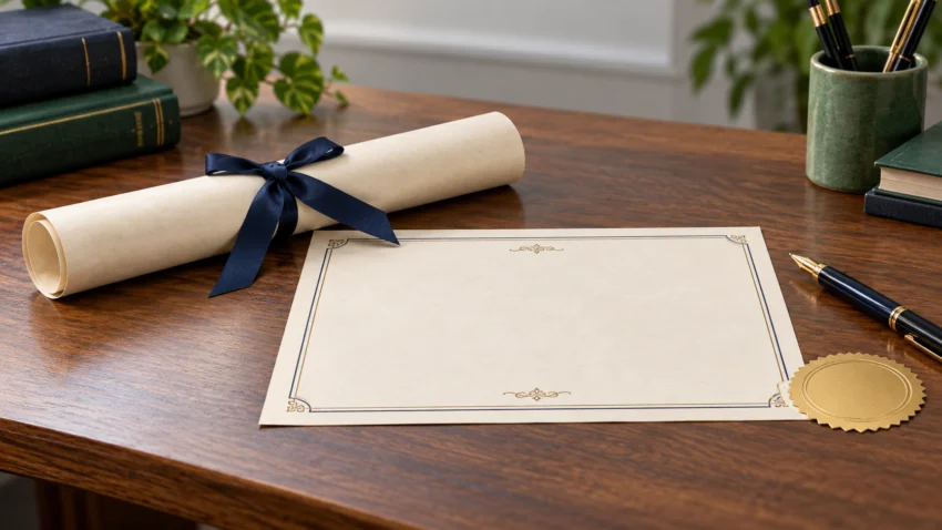 Generic diploma with no real text, blank copy and pen symbolising an academic replacement