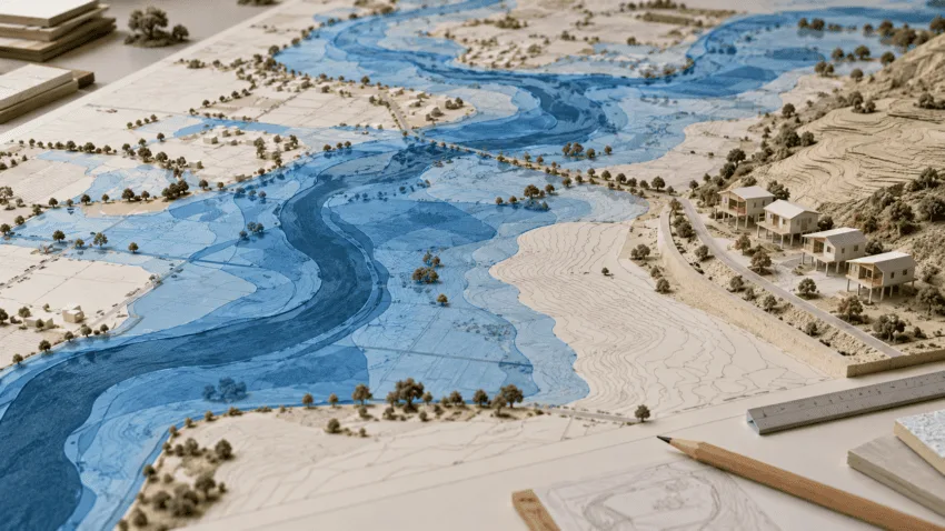 Imagen conceptual de una maqueta territorial con distintas zonas azules de inundación y viviendas elevadas