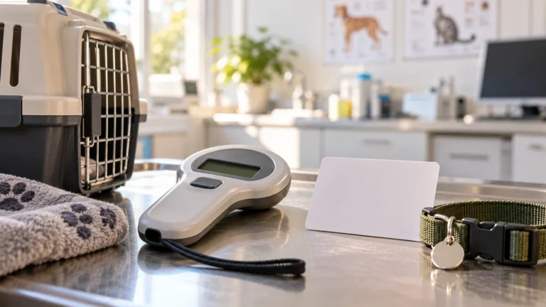 Microchip reader, collar and blank card in a veterinary clinic