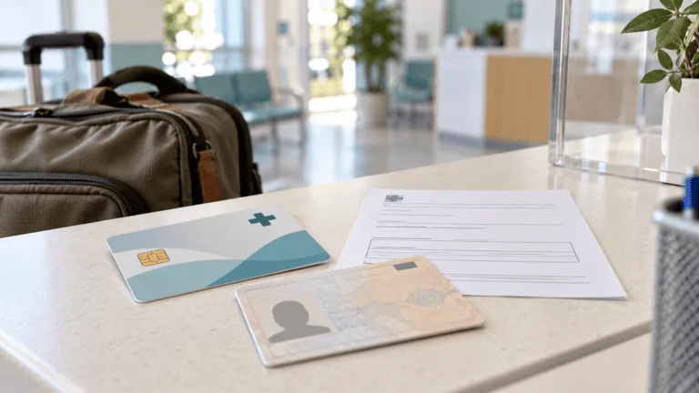 Imagen conceptual de una tarjeta sanitaria genérica, un documento temporal sin datos y equipaje en un centro de salud
