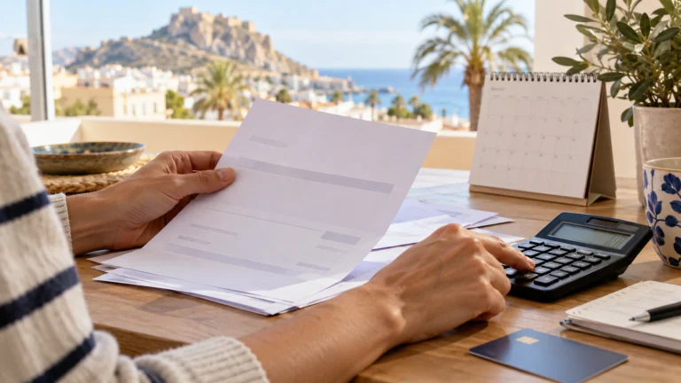 Blank bill, calculator, bank card and calendar on a table