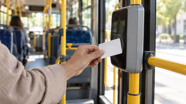 Targeta sense marques acostant-se al lector d’un autobús urbà
