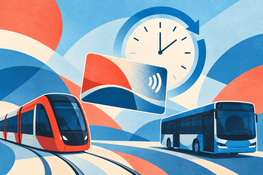 Ilustración conceptual de un tranvía, un autobús, una tarjeta sin contacto y un reloj sobre formas abstractas