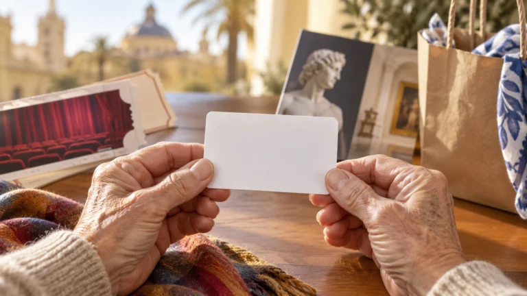 Manos mayores sosteniendo una tarjeta en blanco junto a referencias culturales
