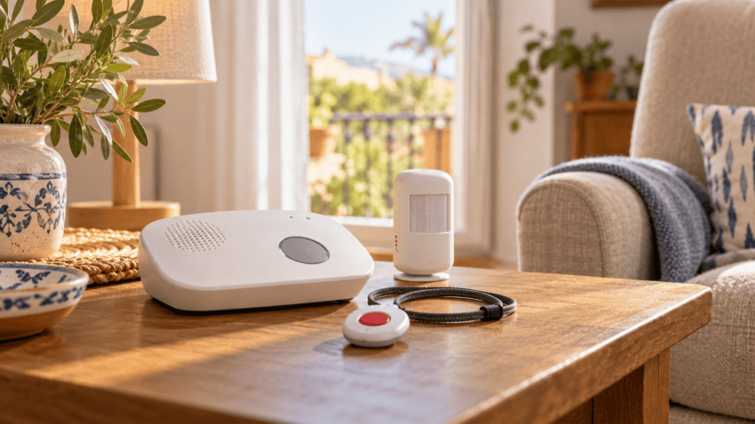 Imatge conceptual d’un terminal de teleassistència, un polsador i un sensor en una vivenda