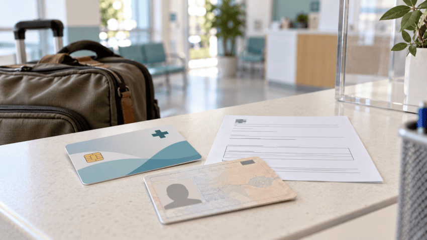 Conceptual image of a generic health card, blank temporary document and luggage at a health centre