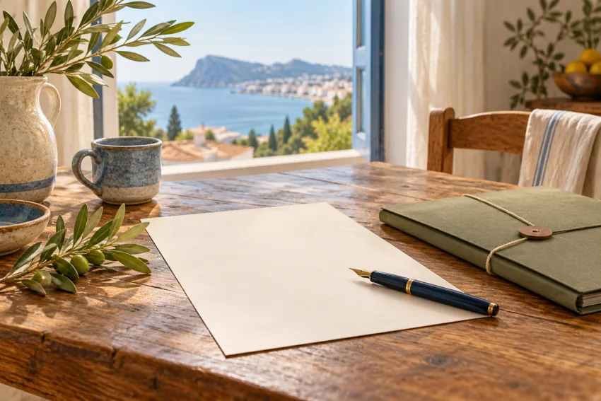 Ilustración editorial de un documento en blanco, una pluma y una carpeta en una mesa mediterránea