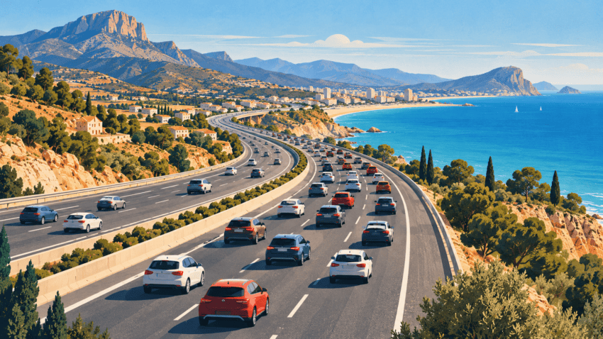 Il·lustració editorial d’una autovia mediterrània amb trànsit intens en direcció a la costa