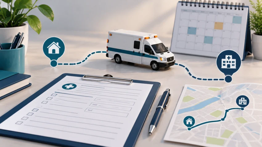 Modelo genérico de ambulancia, calendario, formulario y ruta entre hogar y centro sanitario