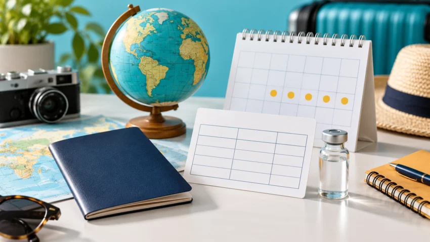 Quadern de viatge genèric, cartilla sense dades, calendari, globus i vial sense marca