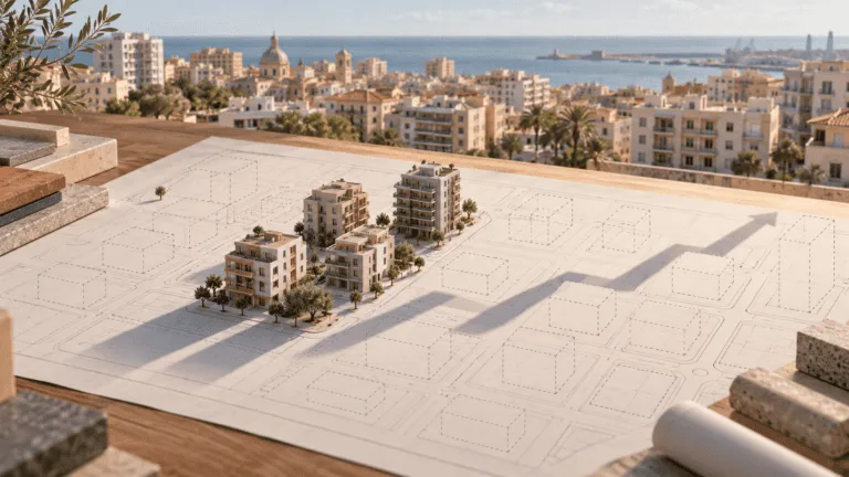 Ilustración editorial de pocas maquetas de viviendas sobre un plano urbano mediterráneo con numerosos solares vacíos