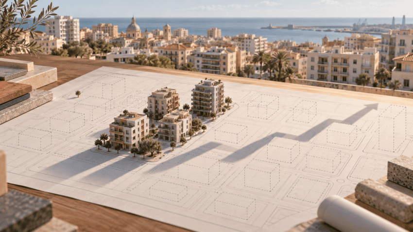 Ilustración editorial de pocas maquetas de viviendas sobre un plano urbano mediterráneo con numerosos solares vacíos