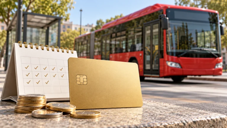 Generic gold card, calendar, coins and unbranded red bus