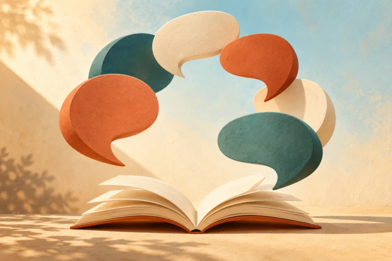 Abstract speech bubbles above an open book, symbolising language learning.
