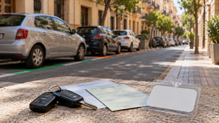 Keys and blank permit beside a street with green and orange parking bays