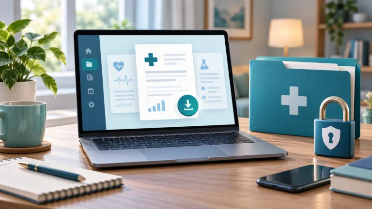 Laptop with generic medical reports, folder and padlock symbolising electronic health records